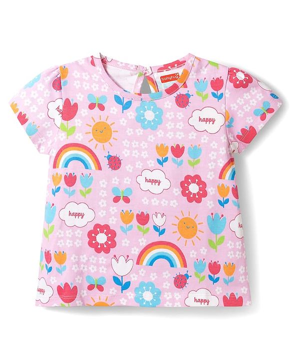 Babyhug Cotton Knit Half Sleeves Rainbow Printed Co-Ord T-Shirt & Capri Night Suit Set -Pink