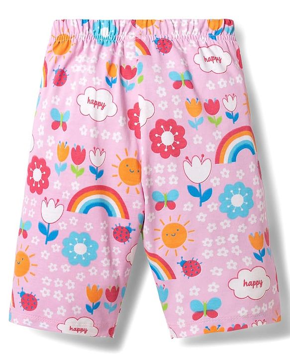 Babyhug Cotton Knit Half Sleeves Rainbow Printed Co-Ord T-Shirt & Capri Night Suit Set -Pink