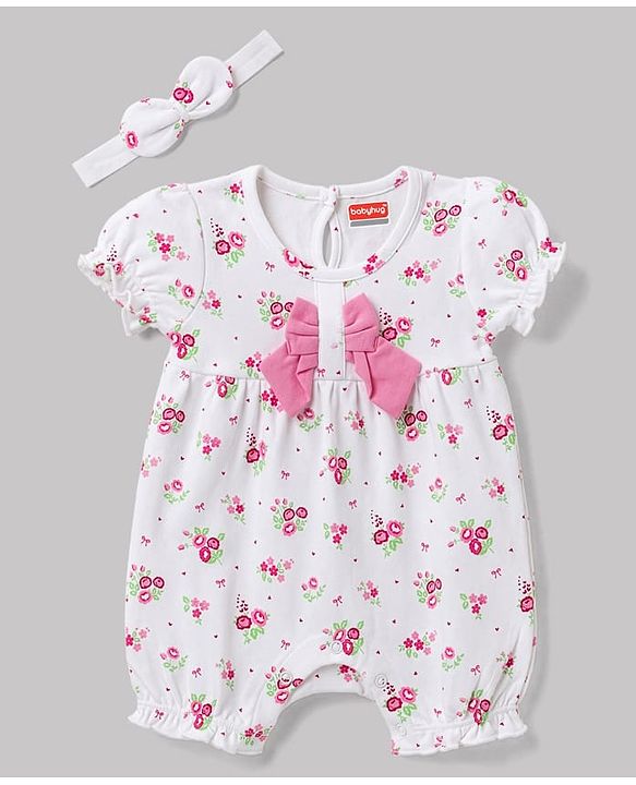 Babyhug 100% Cotton Knit Half Sleeves Floral Printed Romper With Bow Applique & Headband - White