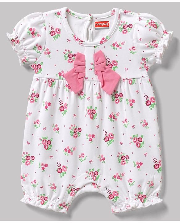 Babyhug 100% Cotton Knit Half Sleeves Floral Printed Romper With Bow Applique & Headband - White