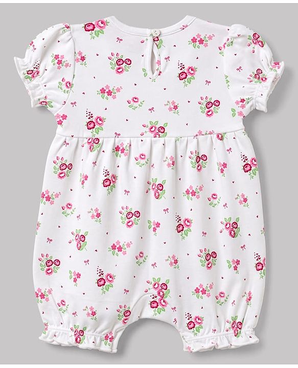 Babyhug 100% Cotton Knit Half Sleeves Floral Printed Romper With Bow Applique & Headband - White
