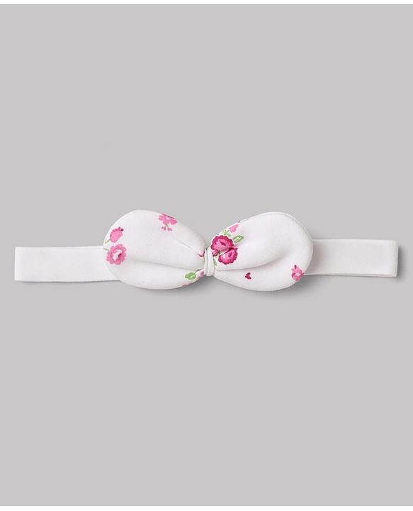 Babyhug 100% Cotton Knit Half Sleeves Floral Printed Romper With Bow Applique & Headband - White