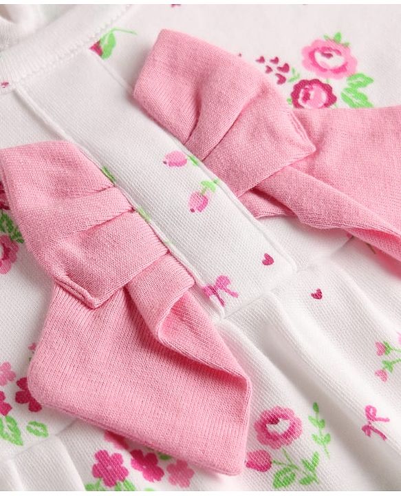 Babyhug 100% Cotton Knit Half Sleeves Floral Printed Romper With Bow Applique & Headband - White