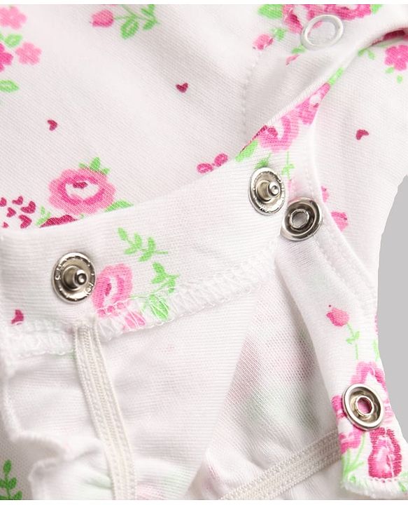 Babyhug 100% Cotton Knit Half Sleeves Floral Printed Romper With Bow Applique & Headband - White