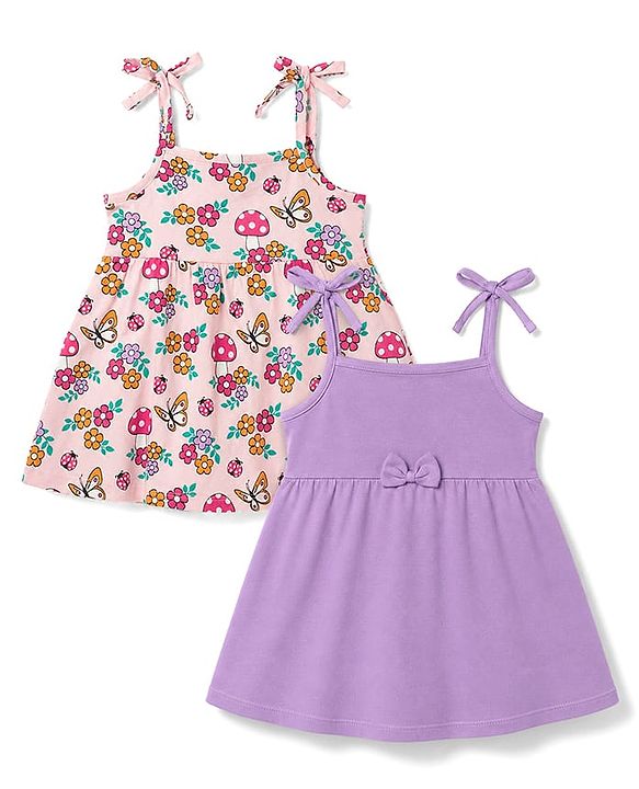 Babyhug 100% Cotton Single Jersey Knit Sleeveless Fit and Flare Frocks With Floral Print & Bow Applique Pack of 2 - Multicolor