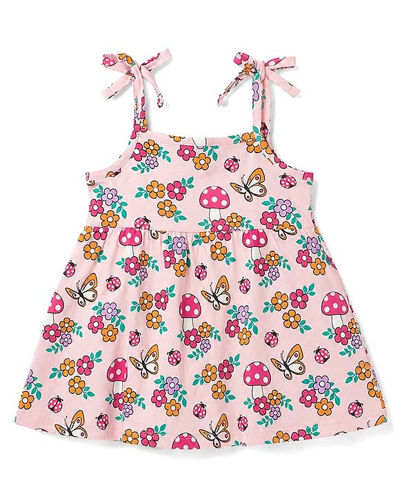 Babyhug 100% Cotton Single Jersey Knit Sleeveless Fit and Flare Frocks With Floral Print & Bow Applique Pack of 2 - Multicolor