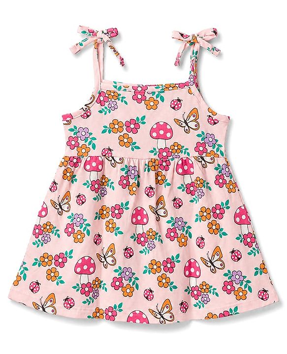 Babyhug 100% Cotton Single Jersey Knit Sleeveless Fit and Flare Frocks With Floral Print & Bow Applique Pack of 2 - Multicolor