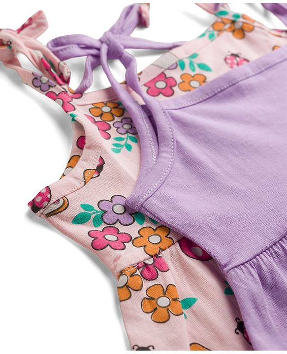 Babyhug 100% Cotton Single Jersey Knit Sleeveless Fit and Flare Frocks With Floral Print & Bow Applique Pack of 2 - Multicolor