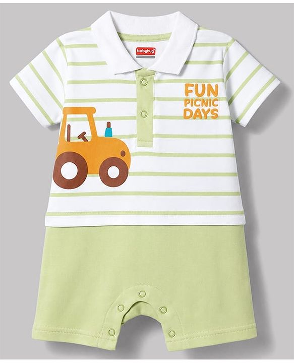 Babyhug 100% Cotton Knit Half Sleeves Striped & Vehicles Printed Romper - Light Green