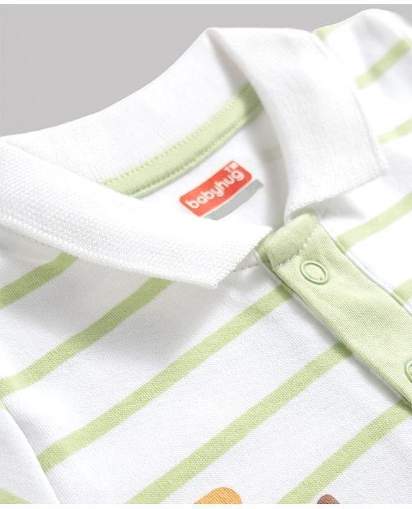 Babyhug 100% Cotton Knit Half Sleeves Striped & Vehicles Printed Romper - Light Green