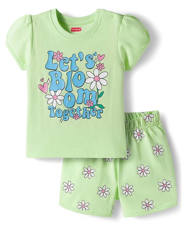 Babyhug Cotton Knit Half Sleeves T-Shirt & Shorts Night Suit With Floral Print - Green