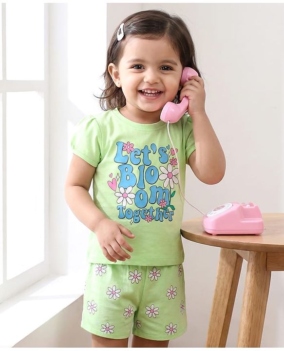 Babyhug Cotton Knit Half Sleeves T-Shirt & Shorts Night Suit With Floral Print - Green