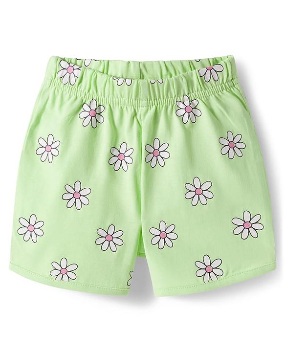 Babyhug Cotton Knit Half Sleeves T-Shirt & Shorts Night Suit With Floral Print - Green