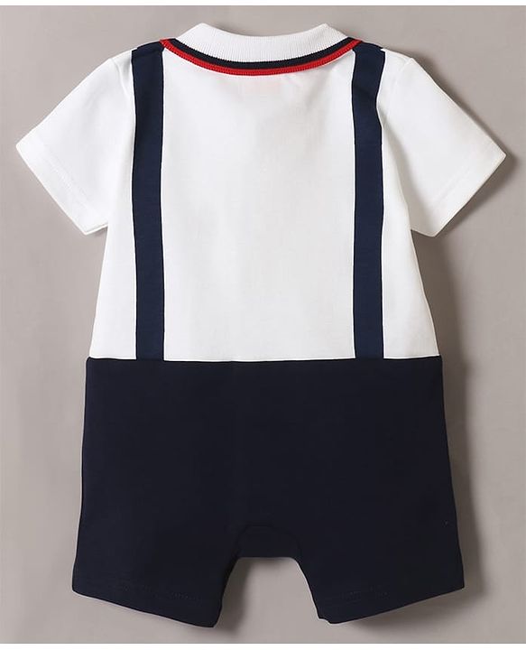 Babyhug 100% Cotton Knit Half Sleeves Romper with Friend Print & Patch Detailing - Navy Blue & White