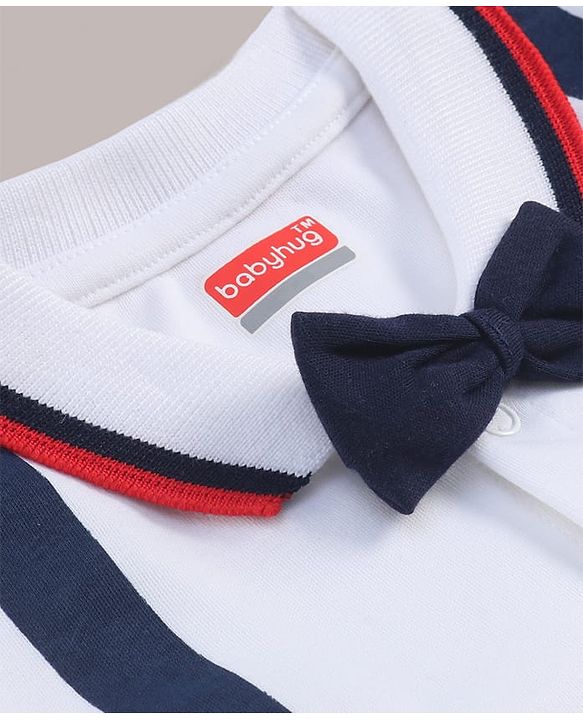 Babyhug 100% Cotton Knit Half Sleeves Romper with Friend Print & Patch Detailing - Navy Blue & White