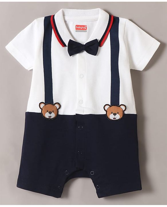 Babyhug 100% Cotton Knit Half Sleeves Romper with Friend Print & Patch Detailing - Navy Blue & White