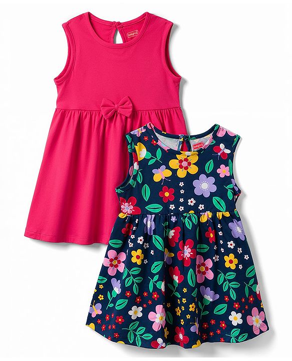 Babyhug Single Jersey Knit Sleeveless Frocks with Floral Print & Bow Applique Pack of 2 - Multicolor