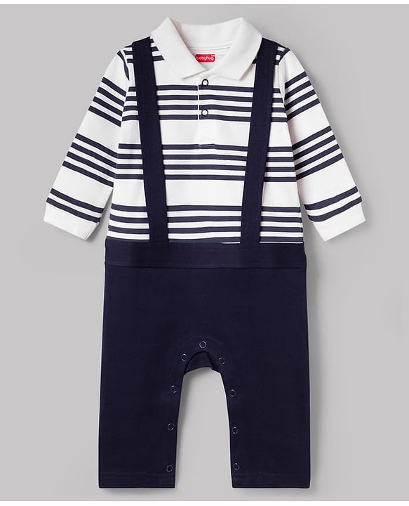 Babyhug 100% Cotton Knit Full Sleeves Striped Romper with Tie - White & Navy