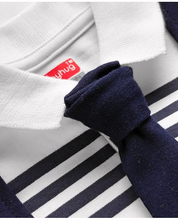 Babyhug 100% Cotton Knit Full Sleeves Striped Romper with Tie - White & Navy