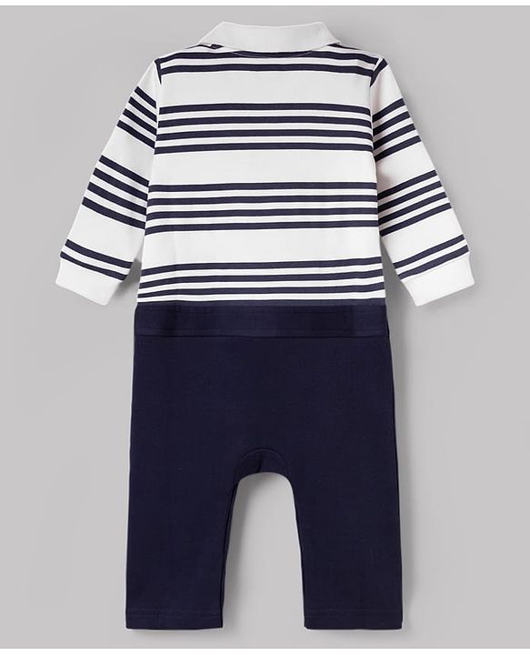 Babyhug 100% Cotton Knit Full Sleeves Striped Romper with Tie - White & Navy