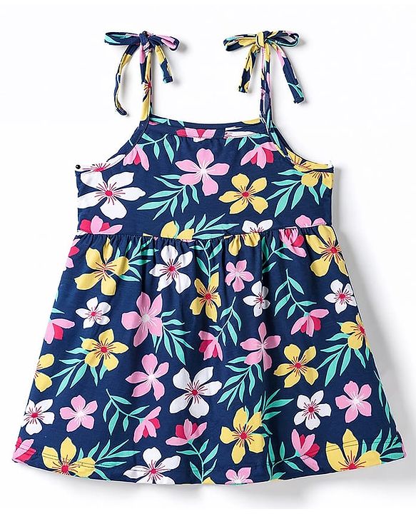 Babyhug 100% Cotton Knit One Piece Dresses with Sleeveless Styling & Floral Print Pack Of 2 - Red & Navy Blue