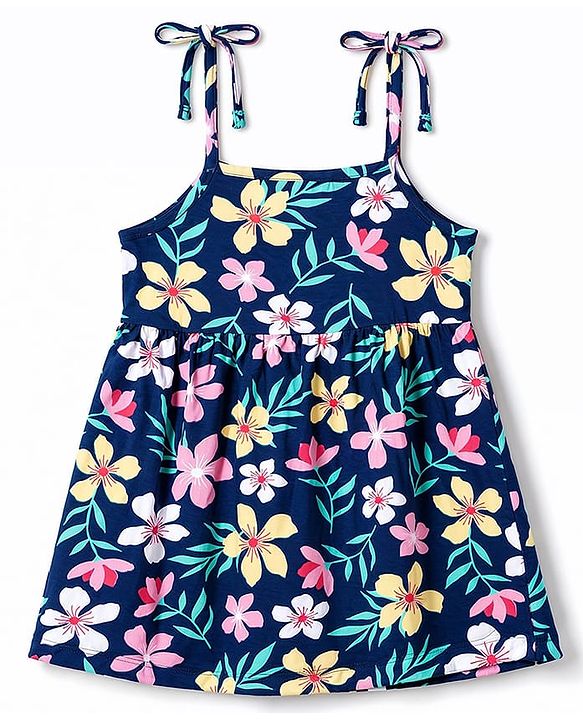 Babyhug 100% Cotton Knit One Piece Dresses with Sleeveless Styling & Floral Print Pack Of 2 - Red & Navy Blue