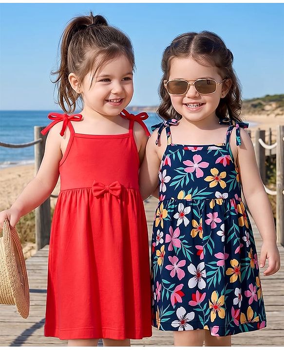 Babyhug 100% Cotton Knit One Piece Dresses with Sleeveless Styling & Floral Print Pack Of 2 - Red & Navy Blue