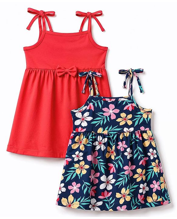 Babyhug 100% Cotton Knit One Piece Dresses with Sleeveless Styling & Floral Print Pack Of 2 - Red & Navy Blue