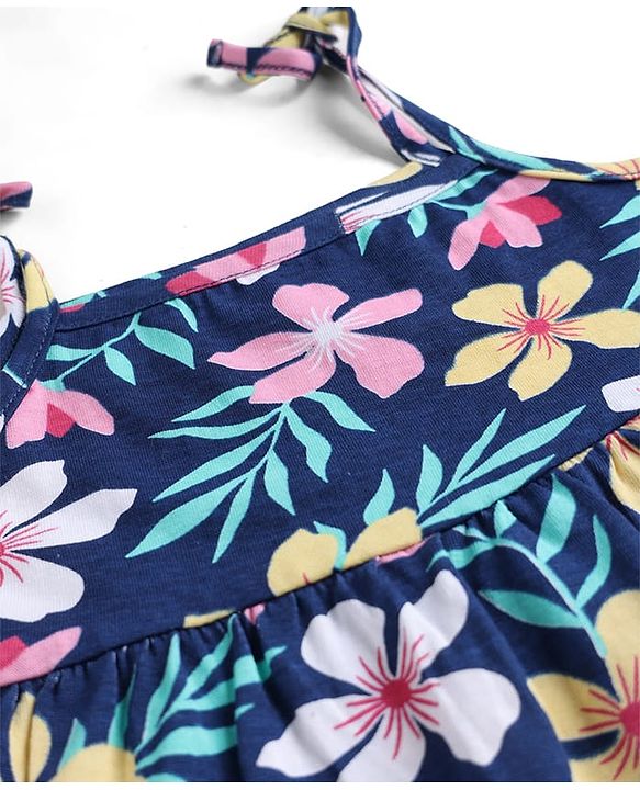 Babyhug 100% Cotton Knit One Piece Dresses with Sleeveless Styling & Floral Print Pack Of 2 - Red & Navy Blue