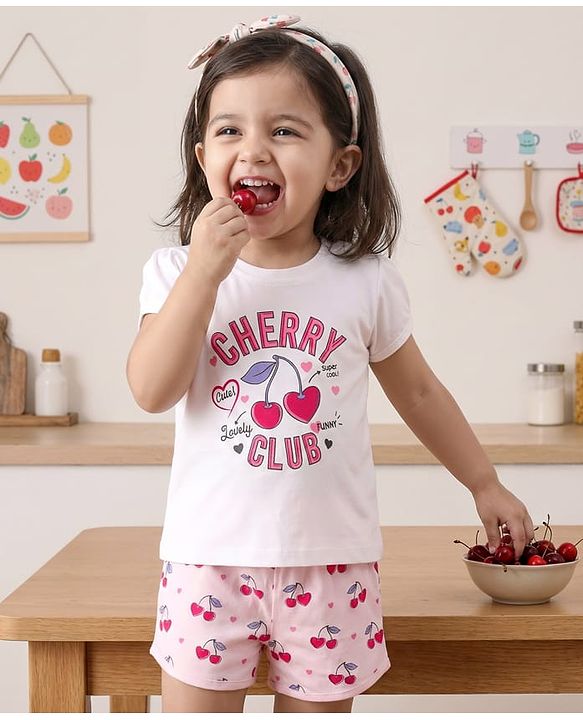 Babyhug Cotton Knit Half Sleeves T-Shirt & Shorts Night Suit with Cherry Print - White