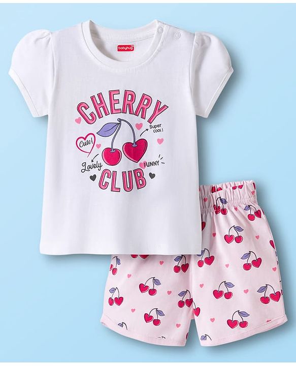 Babyhug Cotton Knit Half Sleeves T-Shirt & Shorts Night Suit with Cherry Print - White