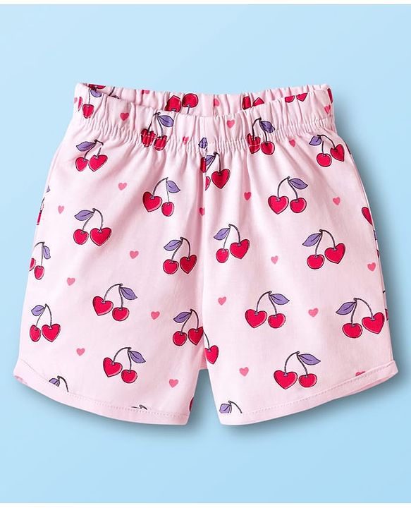 Babyhug Cotton Knit Half Sleeves T-Shirt & Shorts Night Suit with Cherry Print - White