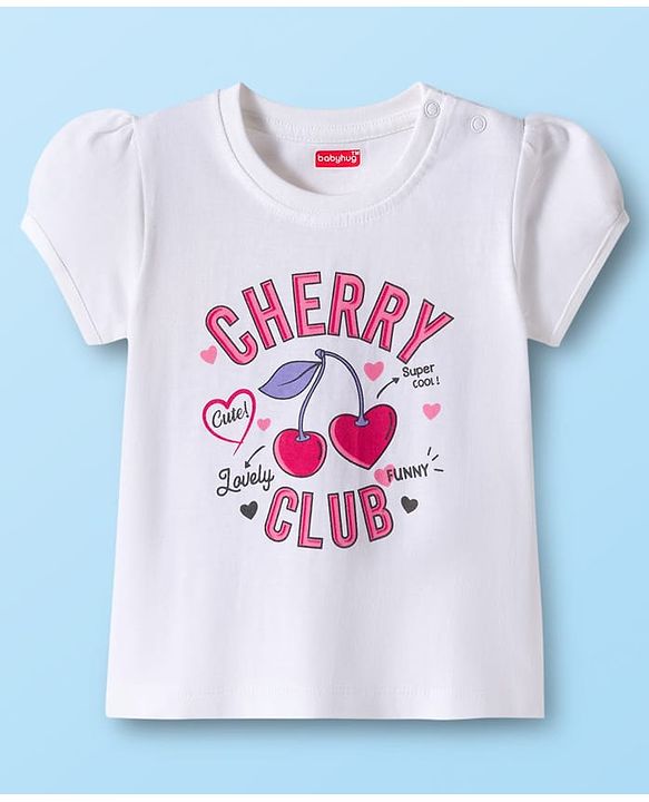 Babyhug Cotton Knit Half Sleeves T-Shirt & Shorts Night Suit with Cherry Print - White