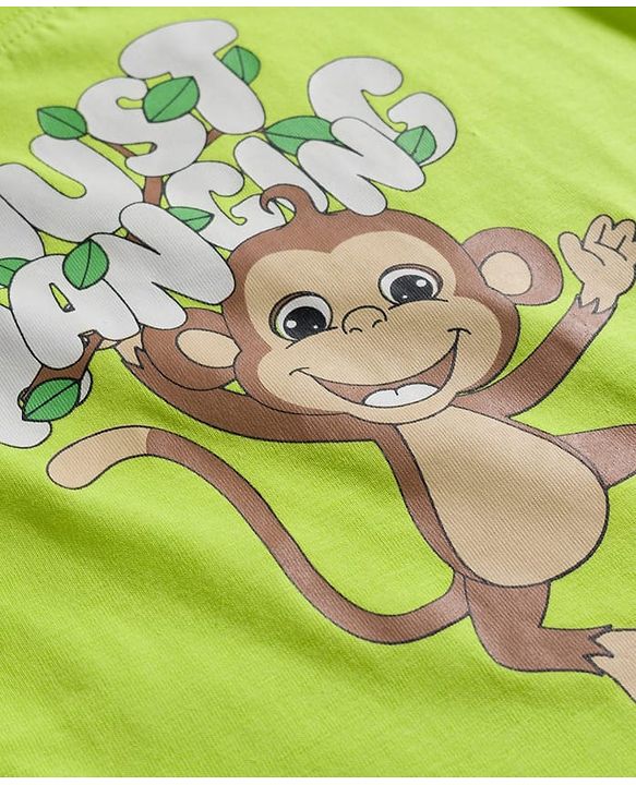 Babyhug Cotton Knit Half Sleeves T-Shirt & Shorts Night Suit with Monkey Print & Stripes - Green