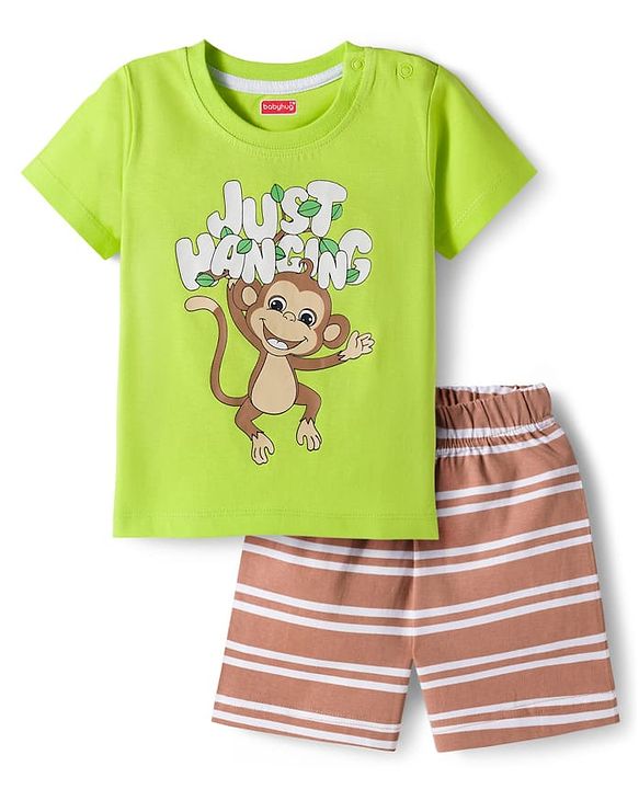 Babyhug Cotton Knit Half Sleeves T-Shirt & Shorts Night Suit with Monkey Print & Stripes - Green