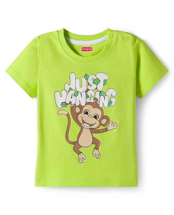 Babyhug Cotton Knit Half Sleeves T-Shirt & Shorts Night Suit with Monkey Print & Stripes - Green