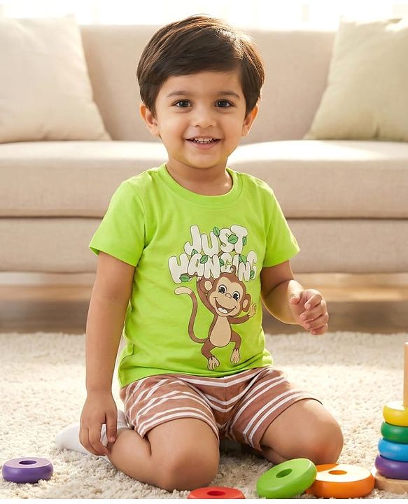 Babyhug Cotton Knit Half Sleeves T-Shirt & Shorts Night Suit with Monkey Print & Stripes - Green