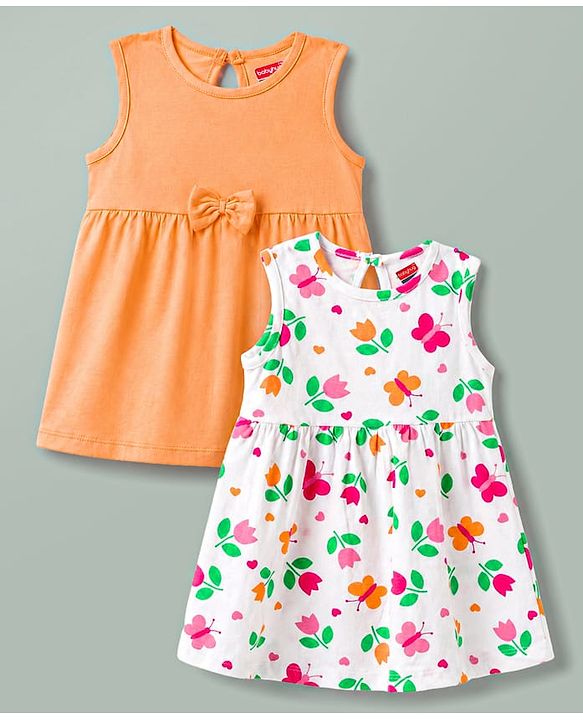 Babyhug Cotton Knit One Piece Dresses/Frocks Sleeveless Pack Of 2 Multi Color New Born