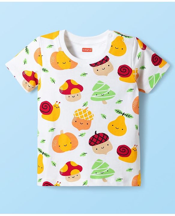 Babyhug Cotton Knit Half Sleeves T-Shirt &  Pyjama Co-Ord Night Suit Set with Snail Print - White