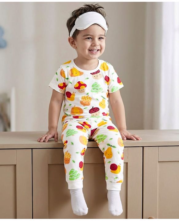 Babyhug Cotton Knit Half Sleeves T-Shirt &  Pyjama Co-Ord Night Suit Set with Snail Print - White