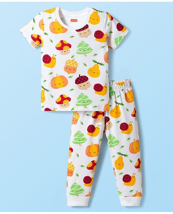 Babyhug Cotton Knit Half Sleeves T-Shirt &  Pyjama Co-Ord Night Suit Set with Snail Print - White