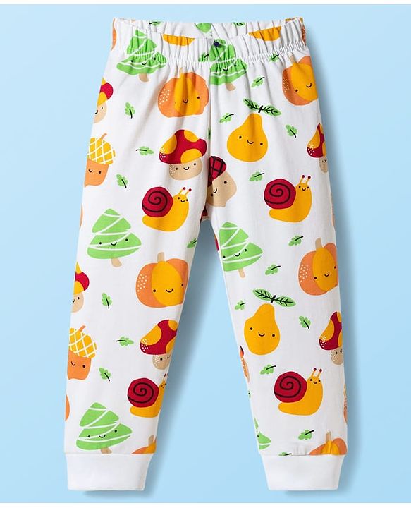 Babyhug Cotton Knit Half Sleeves T-Shirt &  Pyjama Co-Ord Night Suit Set with Snail Print - White