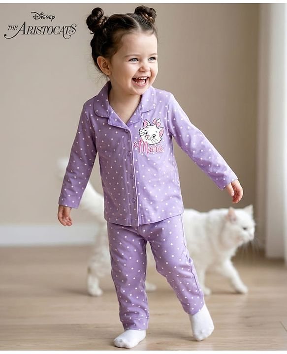 Babyhug Disney Single Jersey Knit Full Sleeves Co-ords Shirt & Pajama Night Suit with Marie Print - Lavender