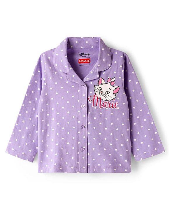 Babyhug Disney Single Jersey Knit Full Sleeves Co-ords Shirt & Pajama Night Suit with Marie Print - Lavender