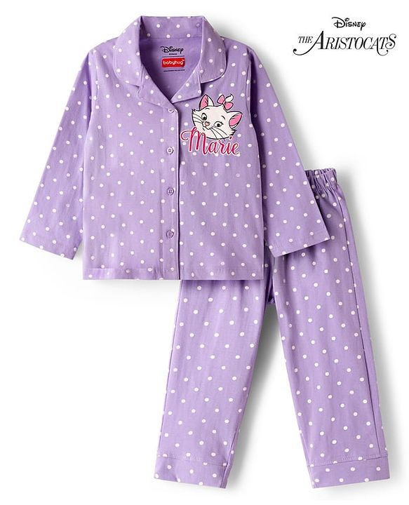 Babyhug Disney Single Jersey Knit Full Sleeves Co-ords Shirt & Pajama Night Suit with Marie Print - Lavender