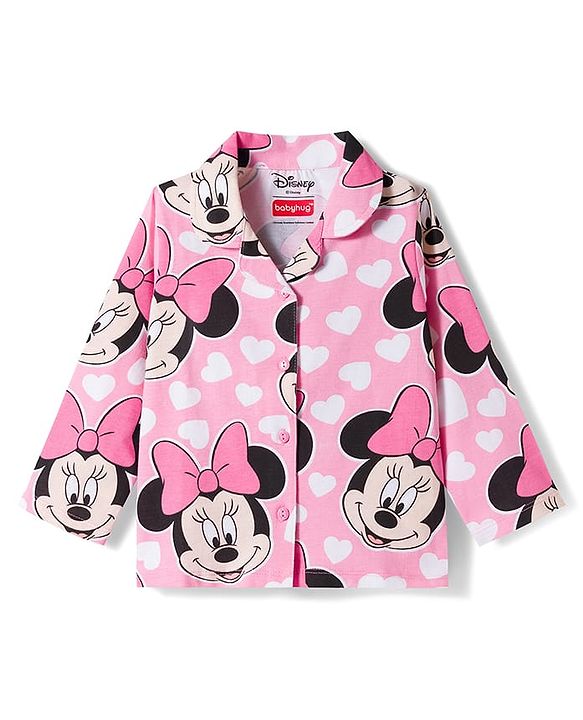 Babyhug Disney 100% Cotton Knit Full Sleeves Co-Ords Front Open Shirt & Pyjama Night Suit With Minnie Mouse Print - Pink
