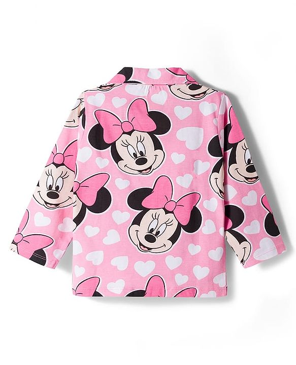 Babyhug Disney 100% Cotton Knit Full Sleeves Co-Ords Front Open Shirt & Pyjama Night Suit With Minnie Mouse Print - Pink