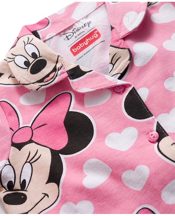 Babyhug Disney 100% Cotton Knit Full Sleeves Co-Ords Front Open Shirt & Pyjama Night Suit With Minnie Mouse Print - Pink