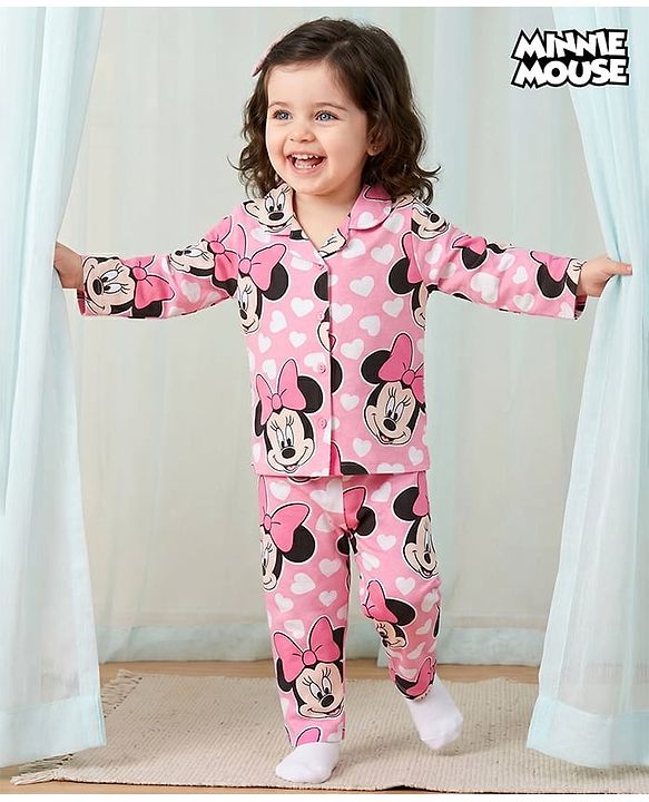 Babyhug Disney 100% Cotton Knit Full Sleeves Co-Ords Front Open Shirt & Pyjama Night Suit With Minnie Mouse Print - Pink