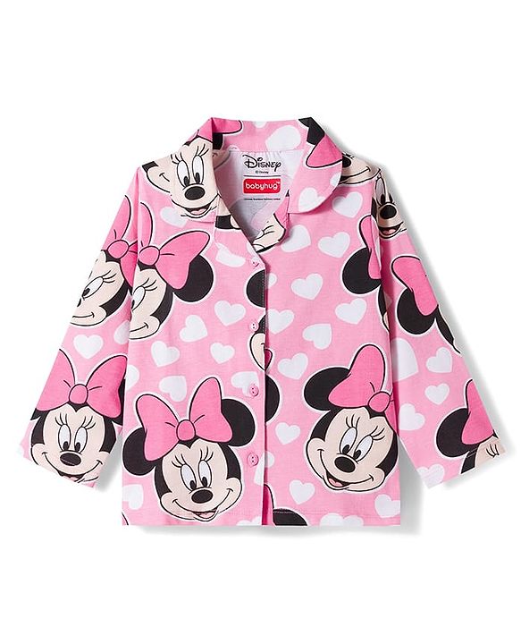 Babyhug Disney 100% Cotton Knit Full Sleeves Co-Ords Front Open Shirt & Pyjama Night Suit With Minnie Mouse Print - Pink